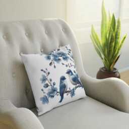 Cushion, Delft Blue Pillow, Floral Boho Chic, Bird Decor, Cozy Home, & White Pillow, Floral Decor, Blue Pillow - thumbnail 3