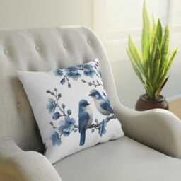 Cushion, Delft Blue Pillow, Floral Boho Chic, Bird Decor, Cozy Home, & White Pillow, Floral Decor, Blue Pillow - thumbnail 4