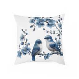 Cushion, Delft Blue Pillow, Floral Boho Chic, Bird Decor, Cozy Home, & White Pillow, Floral Decor, Blue Pillow - thumbnail 1