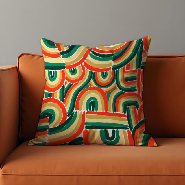 Colorful Abstract Rainbow Cushion Cover, Bold Green, Yellow & Orange Brushstroke Pillow Case, Retro Throw Eclectic Home Decor - image 1