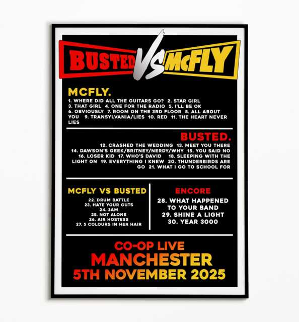 Busted Vs Mcfly 5Th November Manchester Co-Op Live Setlist Print - A5 A4 A3 - image 1