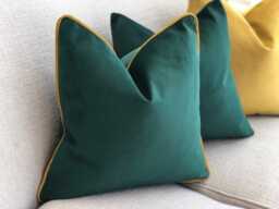Forest Green Velvet Cushion Cover - Custom Mustard Piping Trim Bespoke Throw Pillow Cover - thumbnail 1