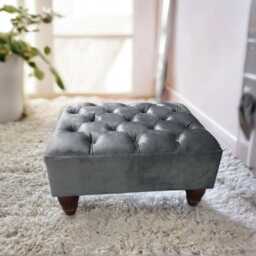 Chesterfield Plush Velvet Footstool - Mahogany Legs, Ottoman