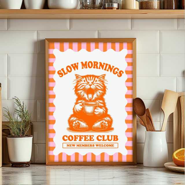 Slow Mornings Coffee Club Print, Cats & Wall Art, Lovers Cat Print - image 1