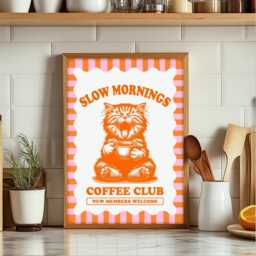 Slow Mornings Coffee Club Print, Cats & Wall Art, Lovers Cat Print - thumbnail 1