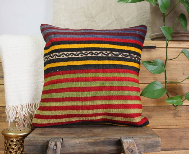 40cm - 16In Vintage Kilim Cushion Cover Handwoven - Authentic Pillow Hand Spun Wool Turkish Square - image 1