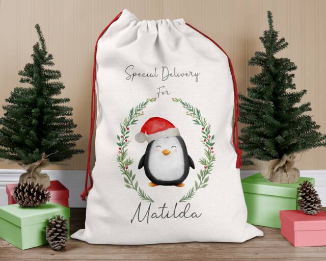 Personalised Christmas Sack, Santa Eve, Penguin Stocking Bag, Father Christmas, Present Eve Box - image 1