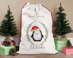 Personalised Christmas Sack, Santa Eve, Penguin Stocking Bag, Father Christmas, Present Eve Box - thumbnail 1