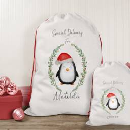 Personalised Christmas Sack, Santa Eve, Penguin Stocking Bag, Father Christmas, Present Eve Box - thumbnail 2