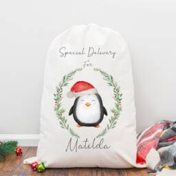 Personalised Christmas Sack, Santa Eve, Penguin Stocking Bag, Father Christmas, Present Eve Box - thumbnail 3