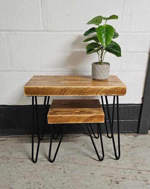 Chunky Rustic Nest Of Tables, Supported By Steel Hairpin Legs - Reclaimed Wood - image 1