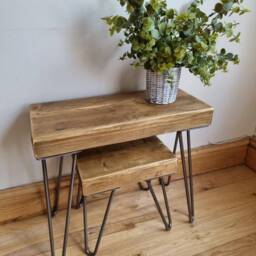 Chunky Rustic Nest Of Tables, Supported By Steel Hairpin Legs - Reclaimed Wood - thumbnail 2