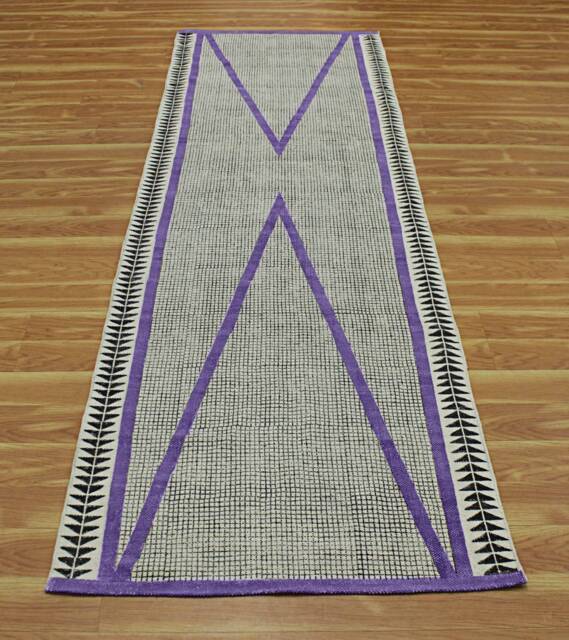 Handmade Burnt Orange Cotton Rug Block Print Indian Durrie - image 1