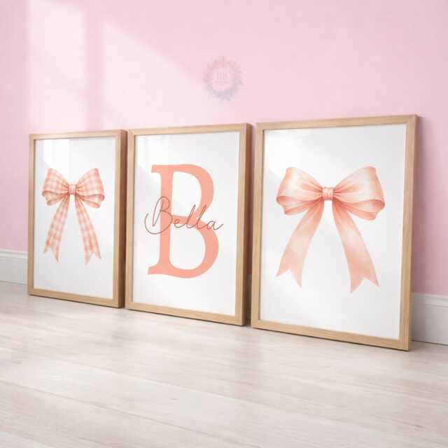 Peach Bow Nursery Prints - Set Of 3 Girls Wall Art, Custom Name Decor - image 1
