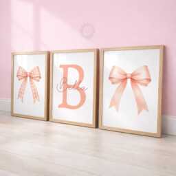 Peach Bow Nursery Prints - Set Of 3 Girls Wall Art, Custom Name Decor - thumbnail 1