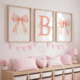 Peach Bow Nursery Prints - Set Of 3 Girls Wall Art, Custom Name Decor - thumbnail 2