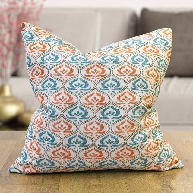 Tamil Batik Cushion. Teal Blue & Orange Indonesian Inspired Geometric Floral Emblem Design. Eco-Friendly Cotton & Velvet, 17x17 - image 1
