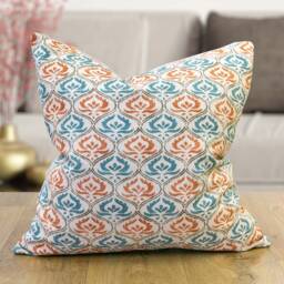 Tamil Batik Cushion. Teal Blue & Orange Indonesian Inspired Geometric Floral Emblem Design. Eco-Friendly Cotton & Velvet, 17x17