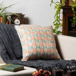 Tamil Batik Cushion. Teal Blue & Orange Indonesian Inspired Geometric Floral Emblem Design. Eco-Friendly Cotton & Velvet, 17x17 - thumbnail 3