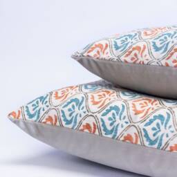 Tamil Batik Cushion. Teal Blue & Orange Indonesian Inspired Geometric Floral Emblem Design. Eco-Friendly Cotton & Velvet, 17x17 - thumbnail 2