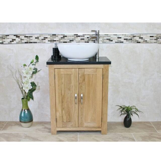 Solid Oak Bathroom Vanity - Black Quartz Top, Ceramic Basin - image 1