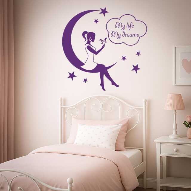 Girl Sitting On Moon Wall Decal - Dreamy Night Stars Vinyl Sticker For Kids Room, Nursery, Bedroom Decor 1403Dz - image 1