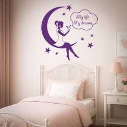 Girl Sitting On Moon Wall Decal - Dreamy Night Stars Vinyl Sticker For Kids Room, Nursery, Bedroom Decor 1403Dz - thumbnail 1
