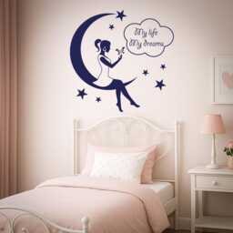 Girl Sitting On Moon Wall Decal - Dreamy Night Stars Vinyl Sticker For Kids Room, Nursery, Bedroom Decor 1403Dz - thumbnail 2