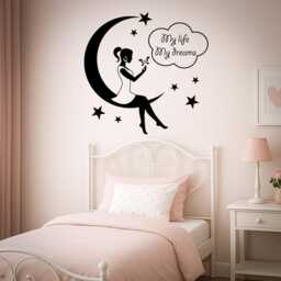 Girl Sitting On Moon Wall Decal - Dreamy Night Stars Vinyl Sticker For Kids Room, Nursery, Bedroom Decor 1403Dz - thumbnail 4