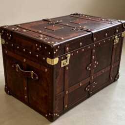 Antique Style Leather Trunk Coffee Table Brass Studded Storage Chest Handmade in England