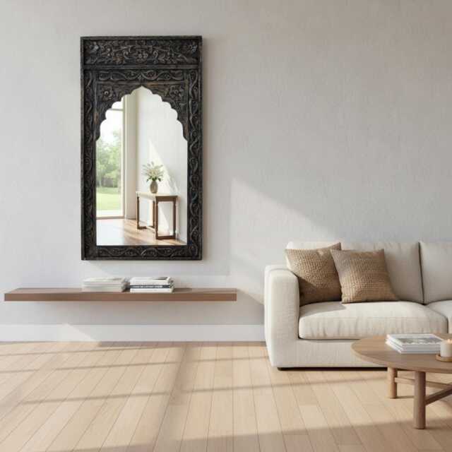 Carved Floral Frame Mirror, Indian Home Decor - image 1