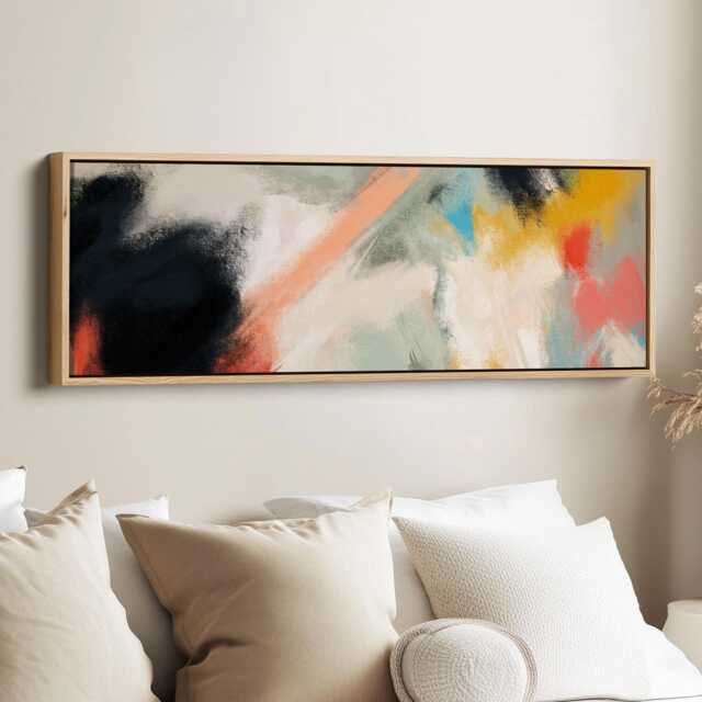 Long Horizontal Abstract Wall Art Black Peach Yellow Above Bed Canvas Print For Living Room Hallway Office - image 1