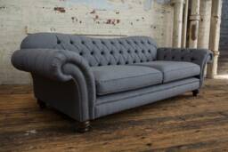 British Handmade Large 3 Seater Herringbone Grey Wool Chesterfield Sofa - thumbnail 1