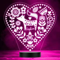 Scandinavian Fox Heart Shape Folk Art Led Lamp Personalised Gift Night Light - Bedroom - thumbnail 1