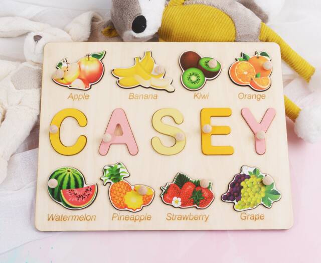 Name Puzzle Board With Fruits, Baby Girl Gift Personalized, Learning Vegetables & Educational Gifts For Kids, Montessori - image 1