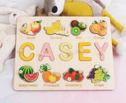 Name Puzzle Board With Fruits, Baby Girl Gift Personalized, Learning Vegetables & Educational Gifts For Kids, Montessori