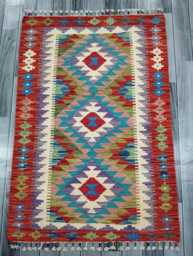 Kilim Rug Classic, Handmade Artisan Afghan Turkish Scandinavian Navajo Bohemian Wool Flatweave Multicolour 123x84 cm - thumbnail 1