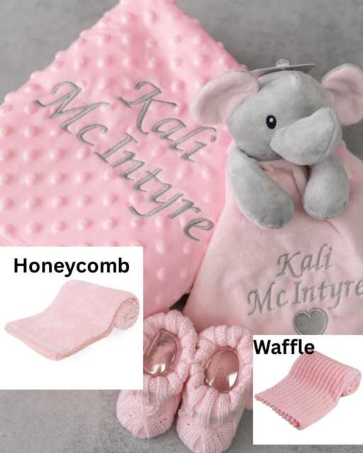 Personalised Baby Girl Gift Set Pink Blanket, Elephant Comforter & Knitted Booties - image 1