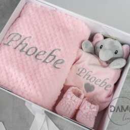 Personalised Baby Girl Gift Set Pink Blanket, Elephant Comforter & Knitted Booties - thumbnail 2