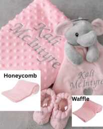 Personalised Baby Girl Gift Set Pink Blanket, Elephant Comforter & Knitted Booties - thumbnail 1
