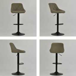 Khaki Faux Leather Bar Stool - Adjustable Swivel Breakfast Black Base With Backrest Industrial - thumbnail 4
