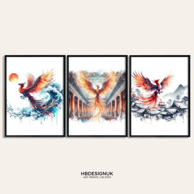 Phoenix Print Set - Of 3 Posters - Watercolor Painting Watercolour Picture Animal Wall Art Artwork Gifts Bird Decor - image 1