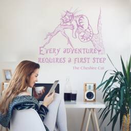 Cheshire Cat Wall Decal, Alice in Wonderland Quote Every Adventure Requires A First Step Kids Nursery Art Decor S87 - thumbnail 2