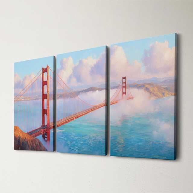 San Francisco Golden Gate Bridge 3 Panel Split Canvas Wall Art Fog California Oil Painting Framed Home Decor Usa Travel Gift - image 1