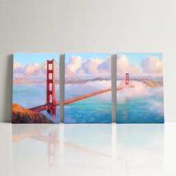 San Francisco Golden Gate Bridge 3 Panel Split Canvas Wall Art Fog California Oil Painting Framed Home Decor Usa Travel Gift - thumbnail 3