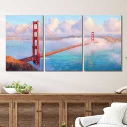 San Francisco Golden Gate Bridge 3 Panel Split Canvas Wall Art Fog California Oil Painting Framed Home Decor Usa Travel Gift - thumbnail 2