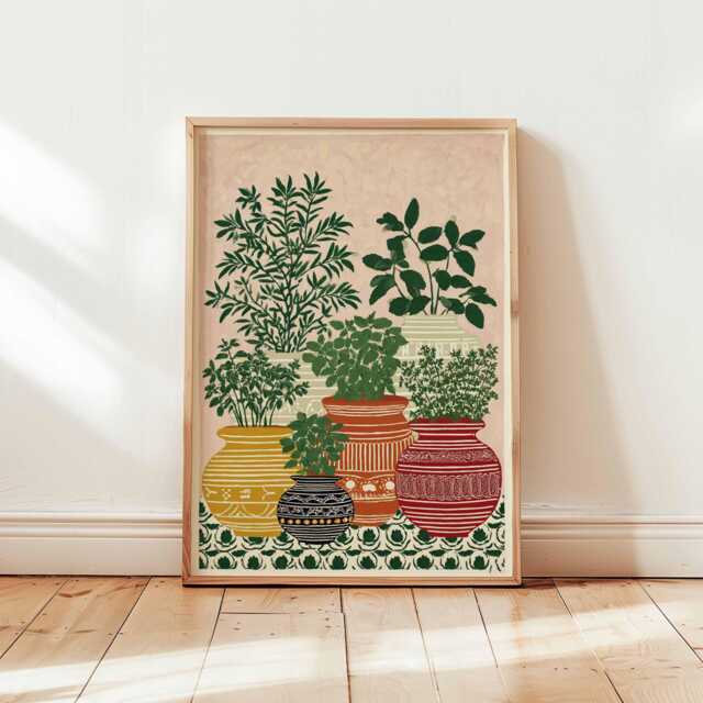 Herb Garden Poster, Plant Pot Print, Botanical Wall Art, Colorful Kitchen Decor Mediterranean Lover Gift Poster - image 1