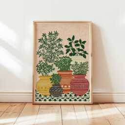 Herb Garden Poster, Plant Pot Print, Botanical Wall Art, Colorful Kitchen Decor Mediterranean Lover Gift Poster - thumbnail 1