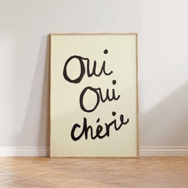 Mid Century Modern Wall Art, Vintage Style Print, Retro Oui Cherie French Handwriting, Living Room Typography Poster - image 1
