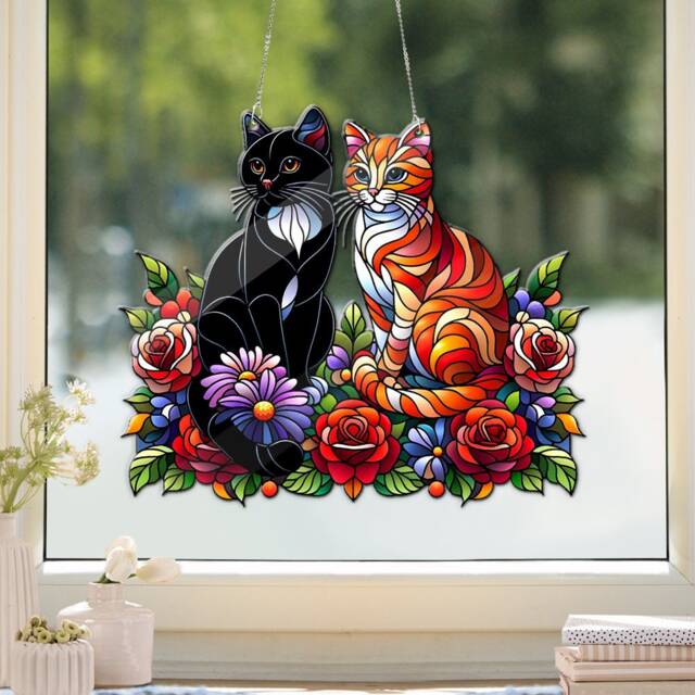 Personalized Cat Faux Stained Glass Acrylic Window Hanging & Flowers - image 1